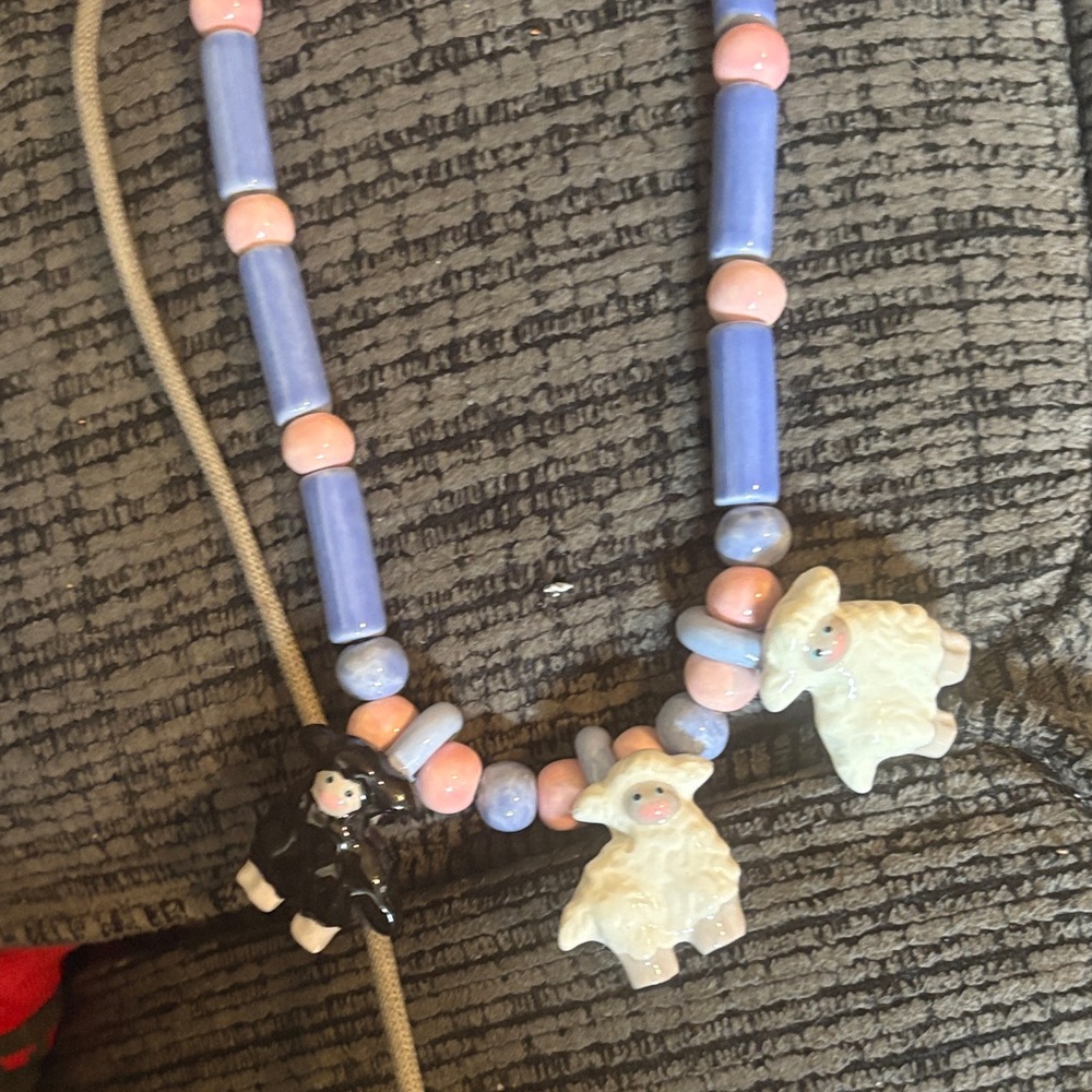 Flying Colors Pastel Beaded Necklace White Black Sheep Charms Blue Pink